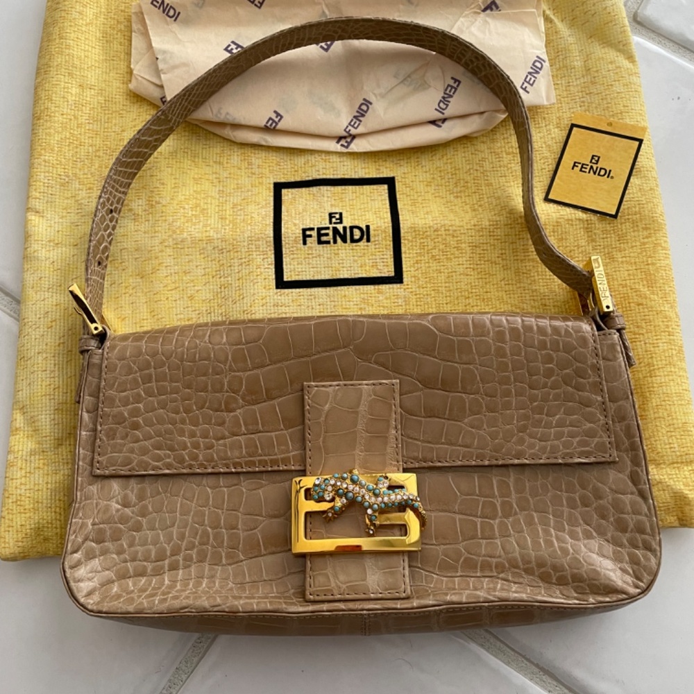 Fendi Tan Skin Baguette with Jeweled Lizard Accent